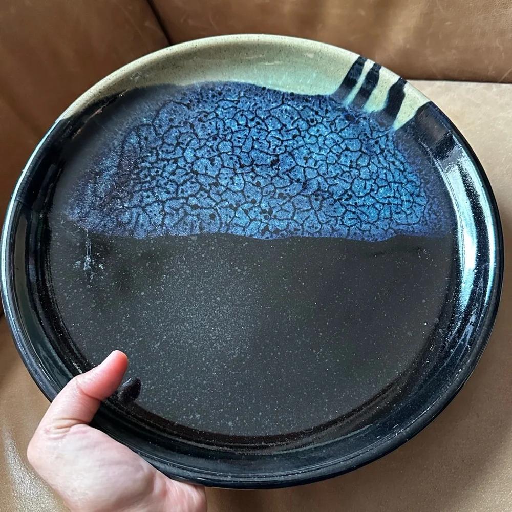 Vintage MCM studio pottery handmade art ceramic blue black speckle glaze dine - Picture 1 of 7
